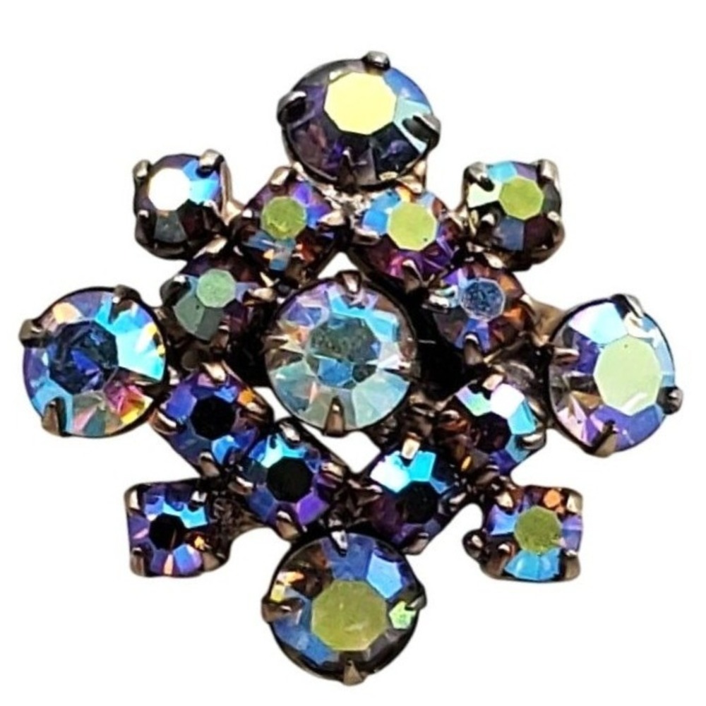 Cocktail Rhinestone Ring Pastel AB‎ Antique Silver Tone Adjustable Statement Vtg